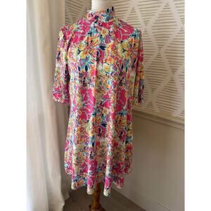 Erma’s Closet Women’s Medium Moc Neck Pink Tropical Floral Dress